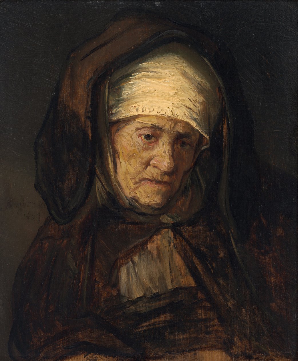 Yaşlı Bir Kadının Başı, 16551660. by Rembrandt Workshop