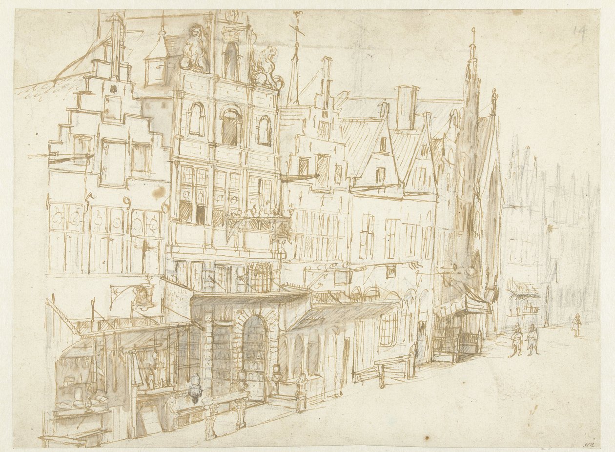 Bir şehirde bir dizi evin görünümü by Rembrandt van Rijn (school of)