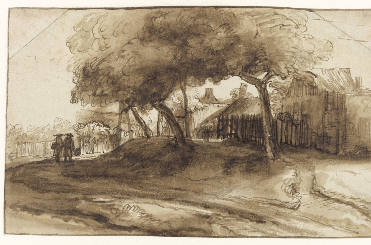 Bir Hendek Üzerindeki Evler ve Ağaçlar by Rembrandt van Rijn (school of)