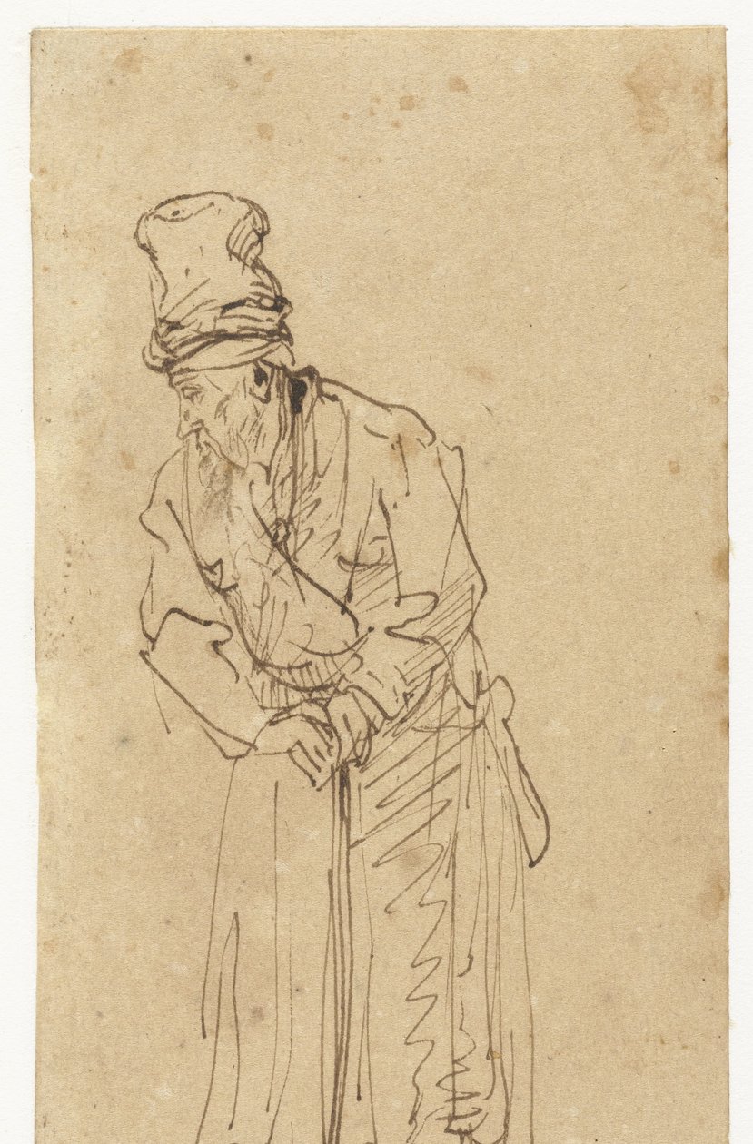 Bir sopaya yaslanmış yaşlı adam by Rembrandt van Rijn (school of)