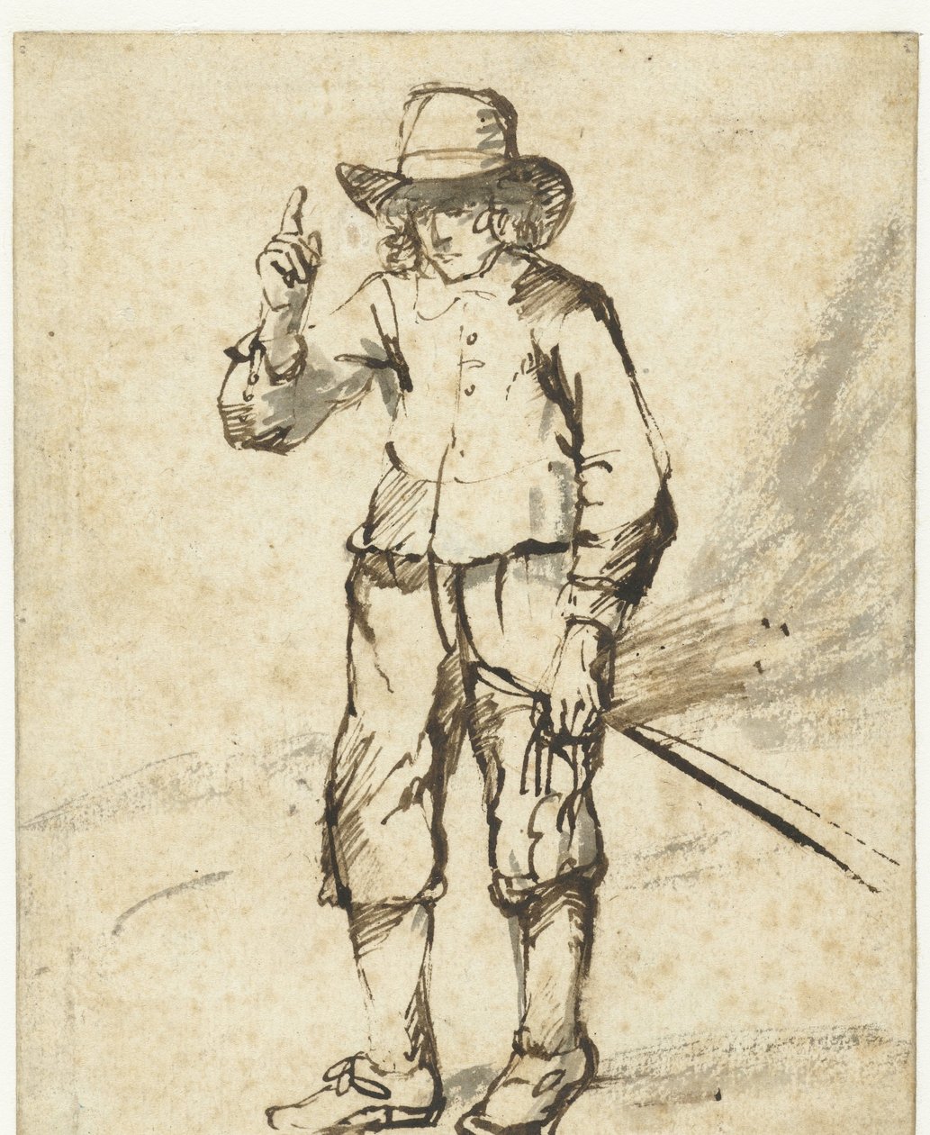Ayakta duran ve bir kırbaç tutan ve sağ elini kaldıran çocuk by Rembrandt van Rijn (school of)