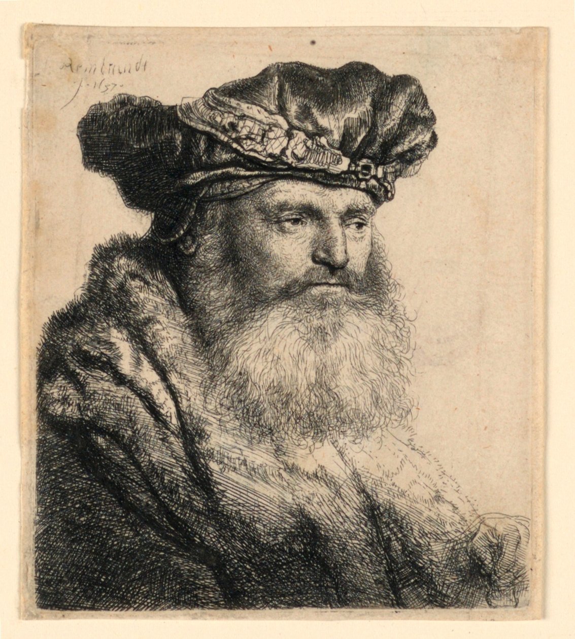 Mücevher Tokalı Kadife Şapkalı Sakallı Bir Adam by Rembrandt van Rijn