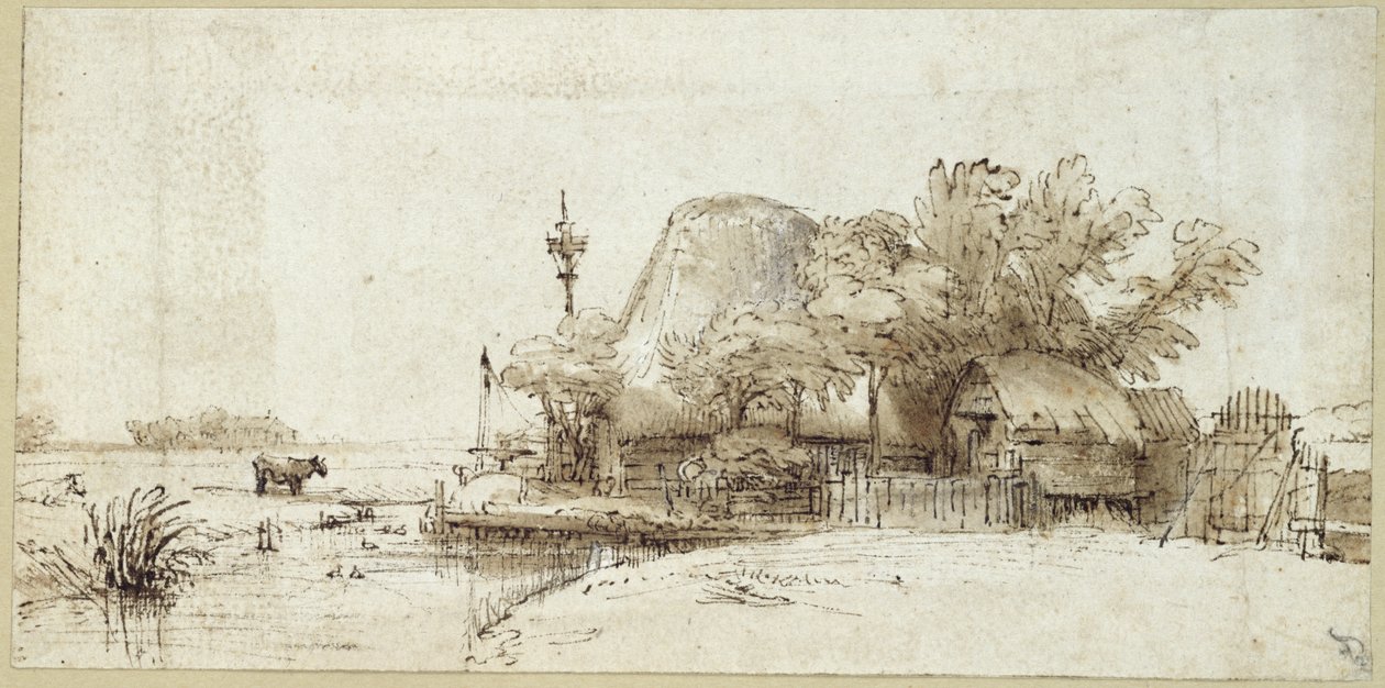 Bir Çayın Yanında Bir Çiftlik by Rembrandt van Rijn