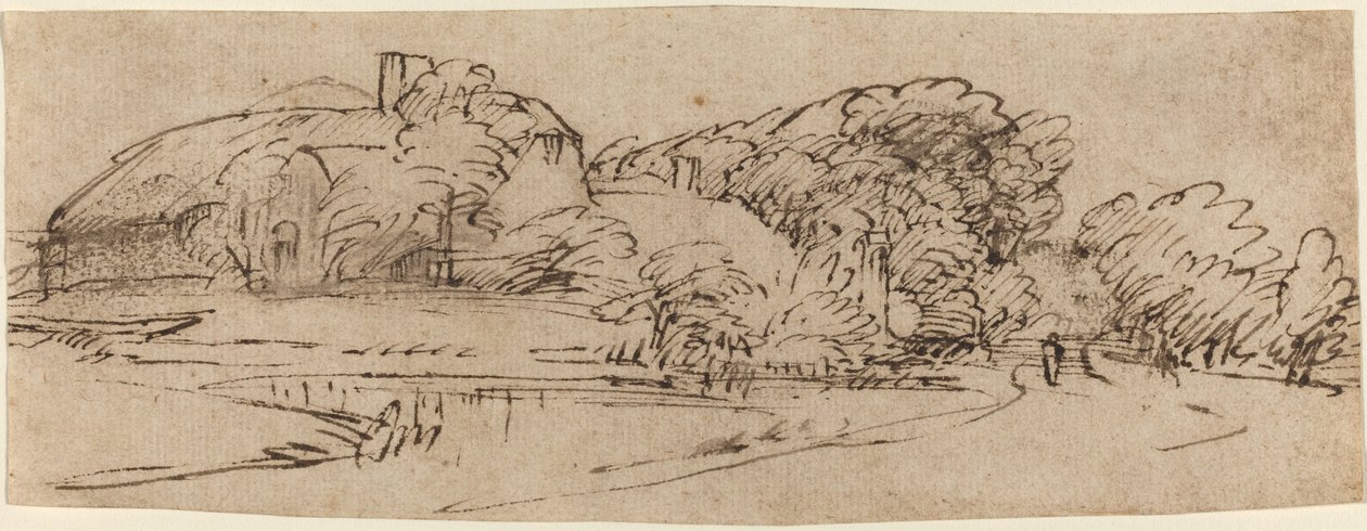 Ağaçlar Arasında Çiftlik Binaları Olan Bir Manzara by Rembrandt van Rijn