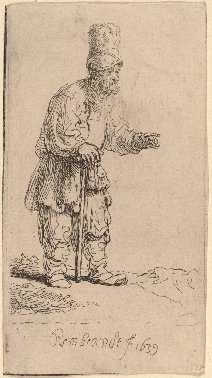 Yüksek Şapkalı, Sopaya Yaslanmış Bir Köylü by Rembrandt van Rijn