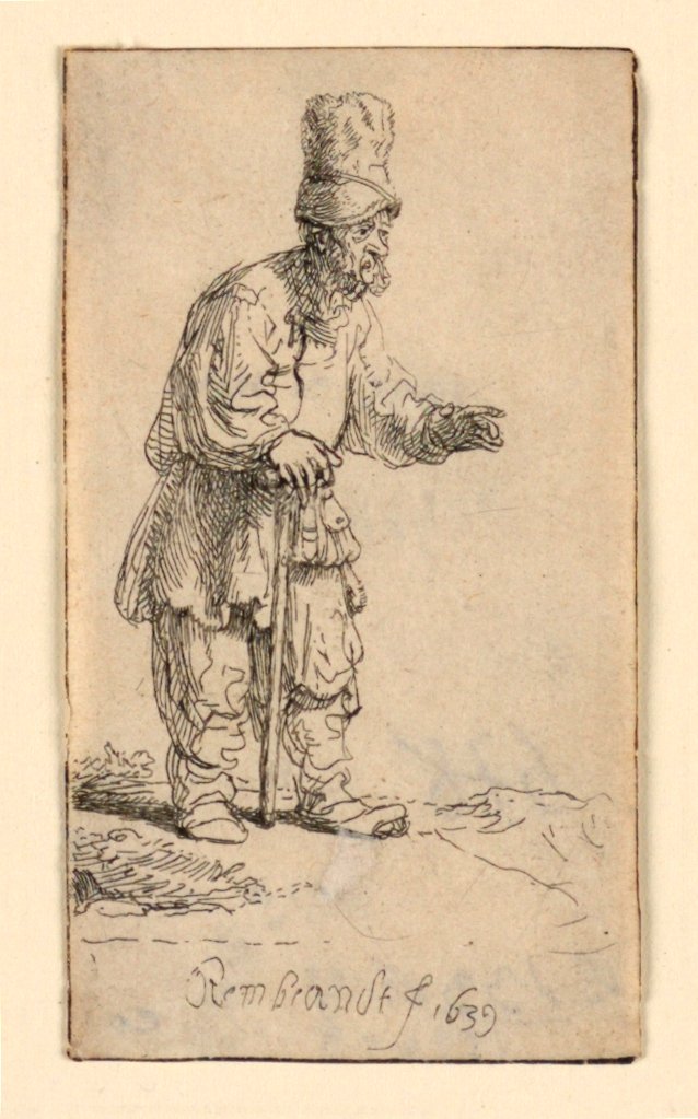 Yüksek Şapkalı, Sopaya Yaslanmış Bir Köylü by Rembrandt van Rijn