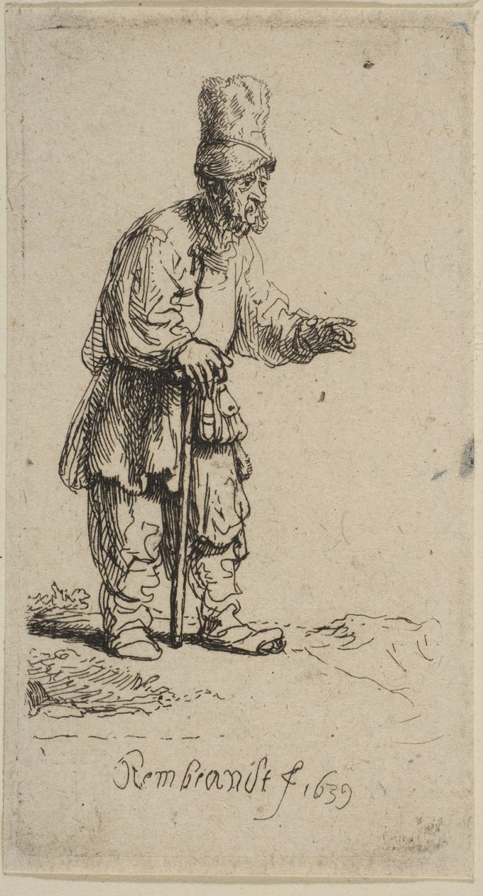 Yüksek Şapkalı, Sopaya Yaslanmış Bir Köylü, 1639. by Rembrandt van Rijn