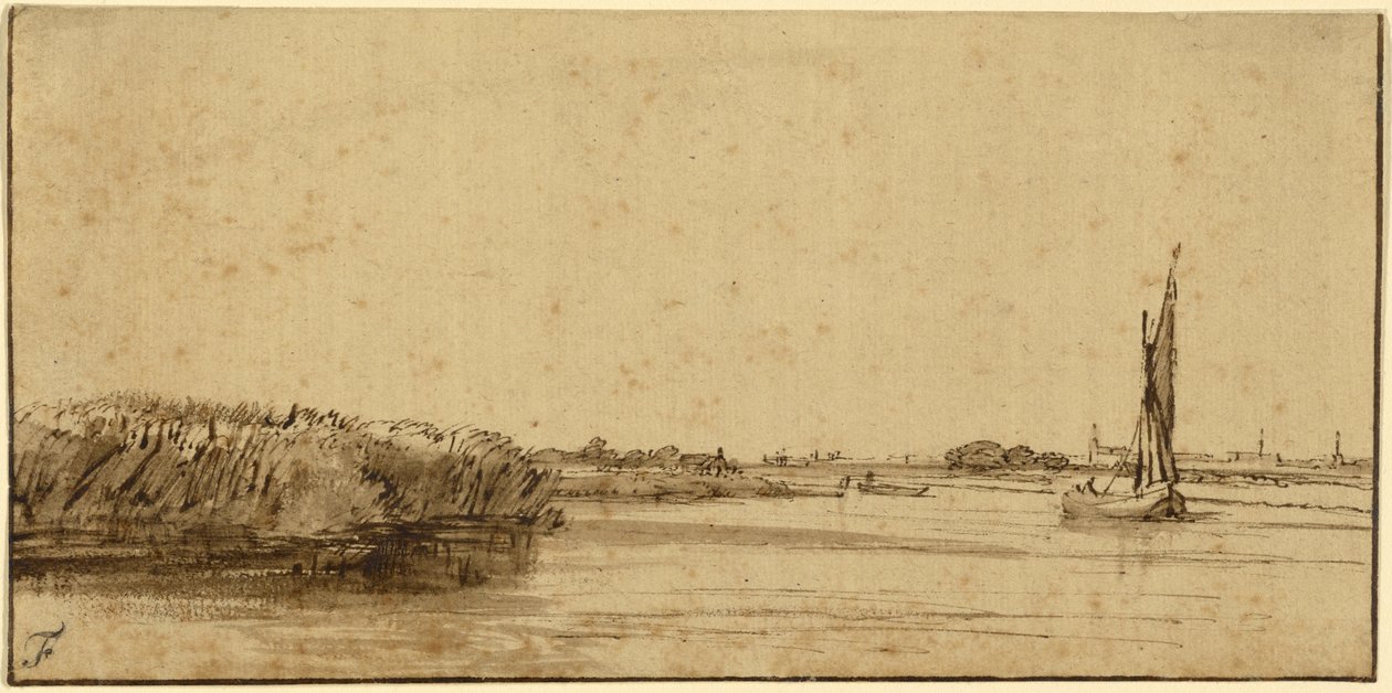 Geniş Bir Su Üzerinde Yelkenli Tekne, c.1650 (renkli kağıt üzerine kalem ve kahverengi mürekkep ve kahverengi yıkama) by Rembrandt van Rijn