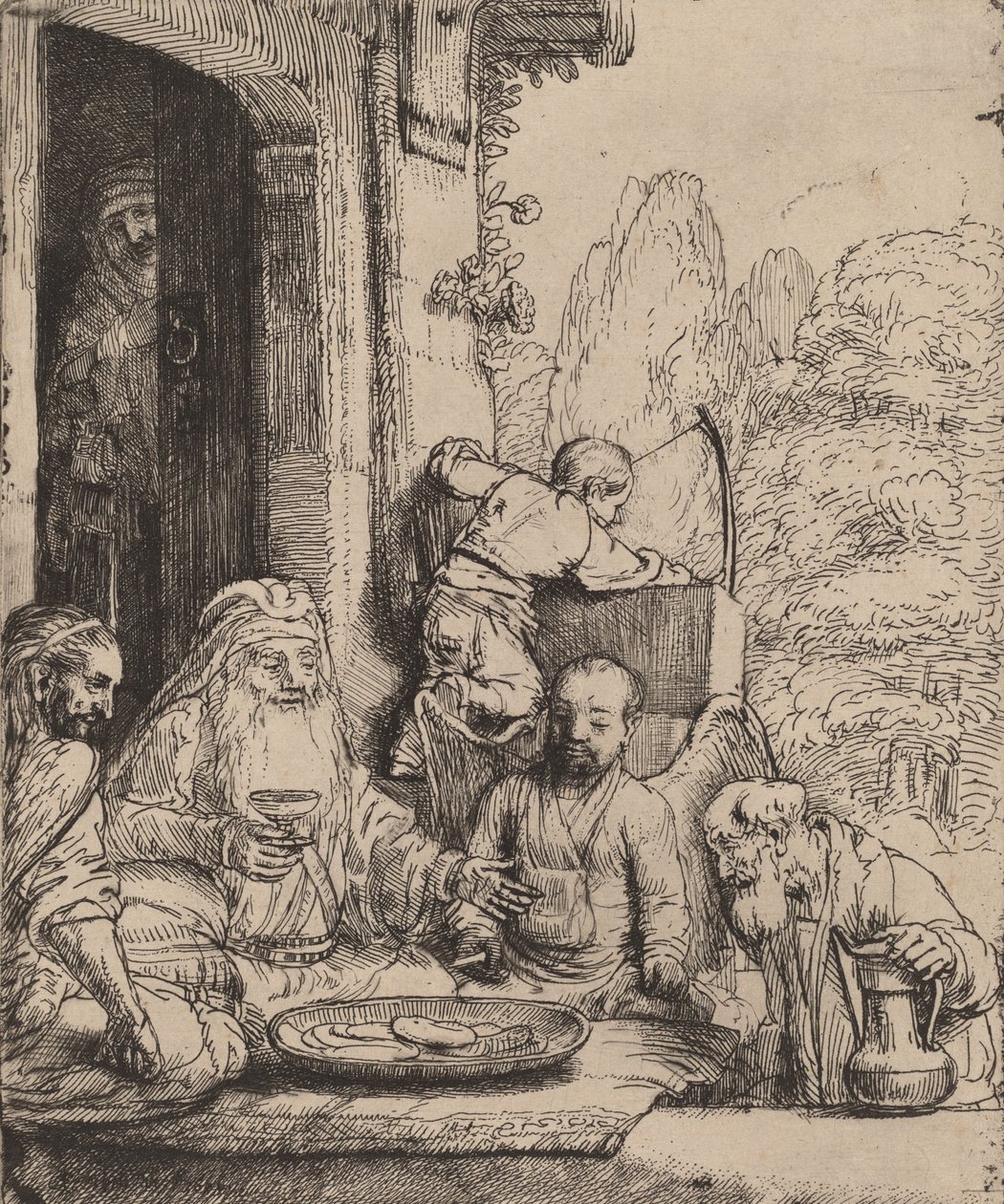 İbrahim Melekleri Eğlendirirken, 1656. by Rembrandt van Rijn