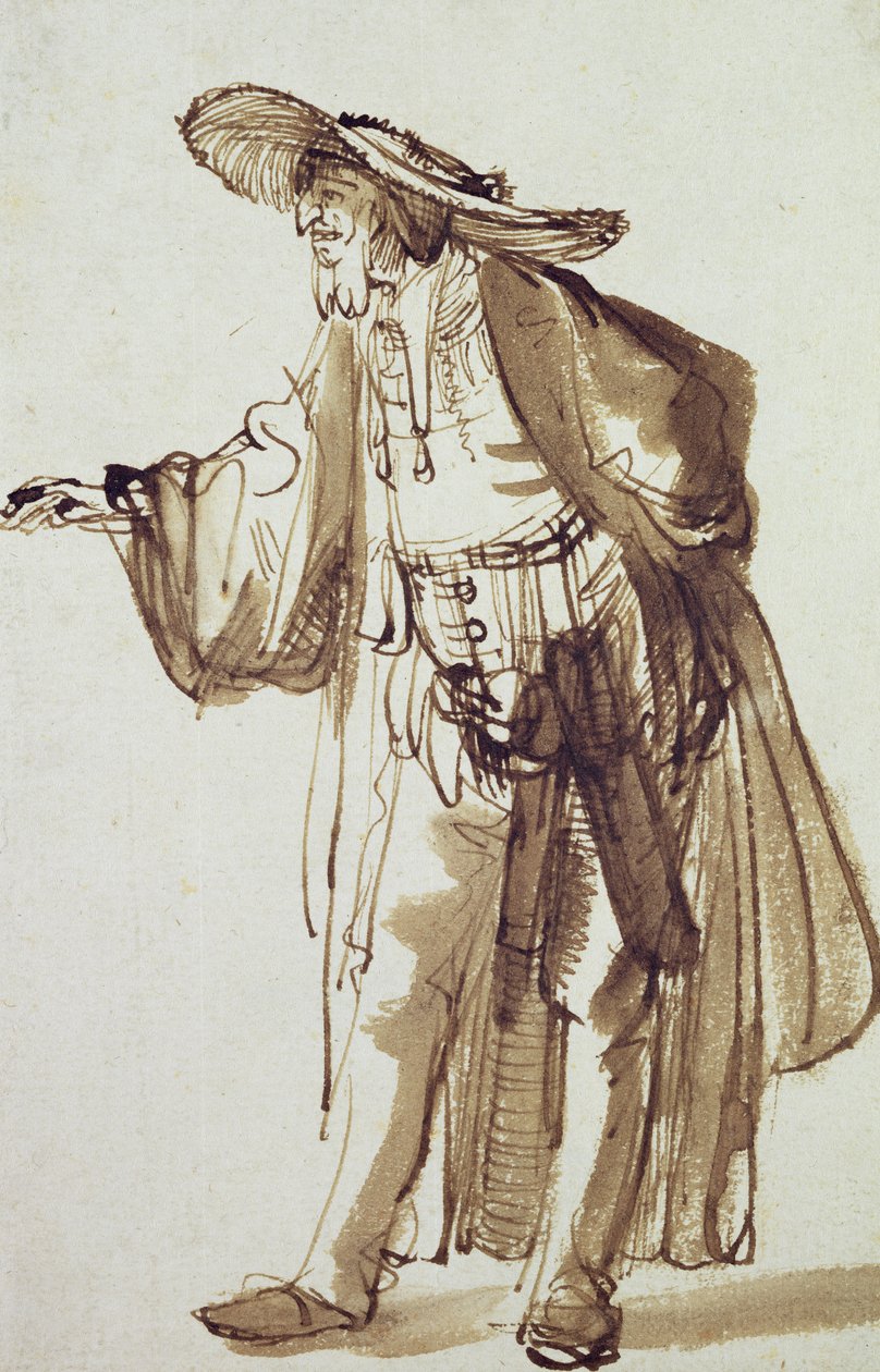 Geniş Kenarlı Şapkalı Aktör (kağıt üzerinde kalem ve mürekkep yıkama) by Rembrandt van Rijn