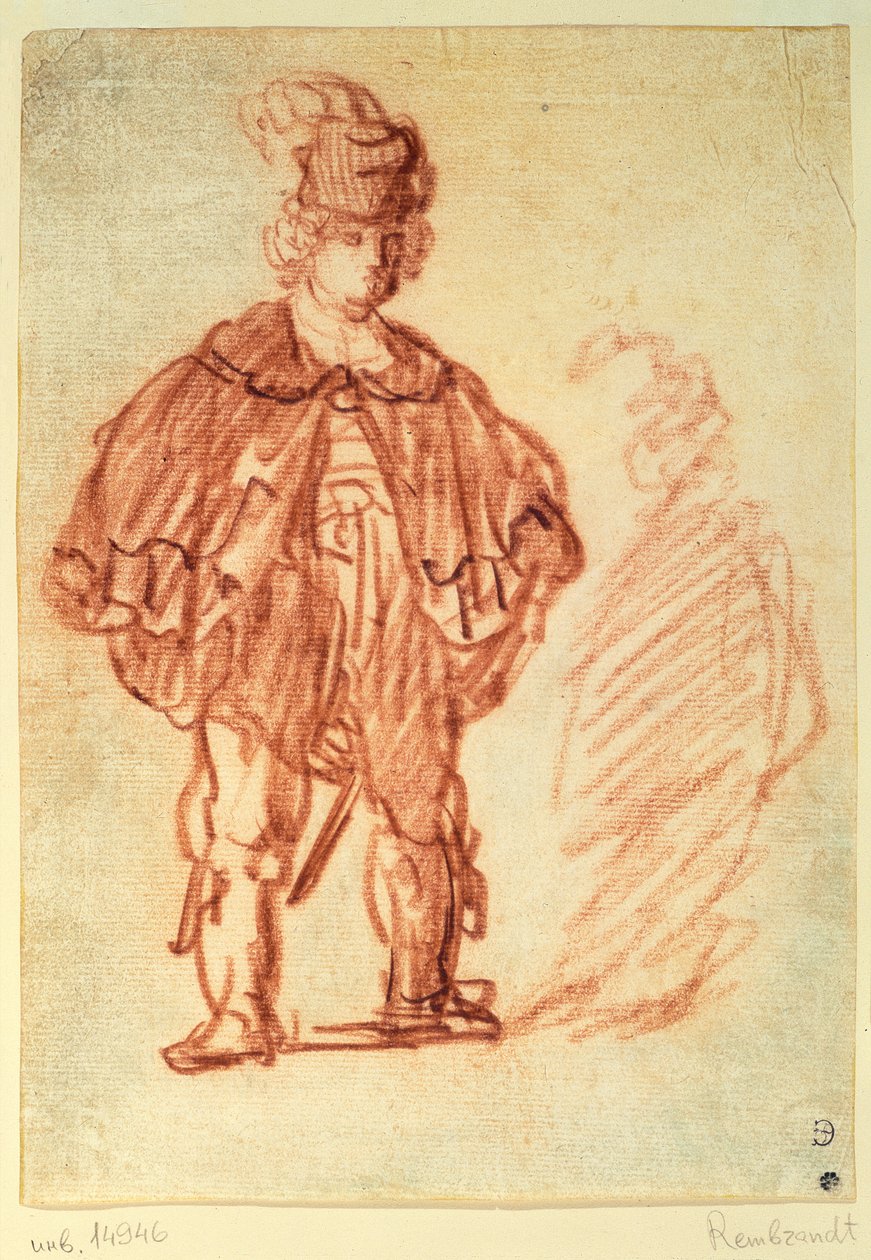 An Actor Standing (sanguine) by Rembrandt van Rijn