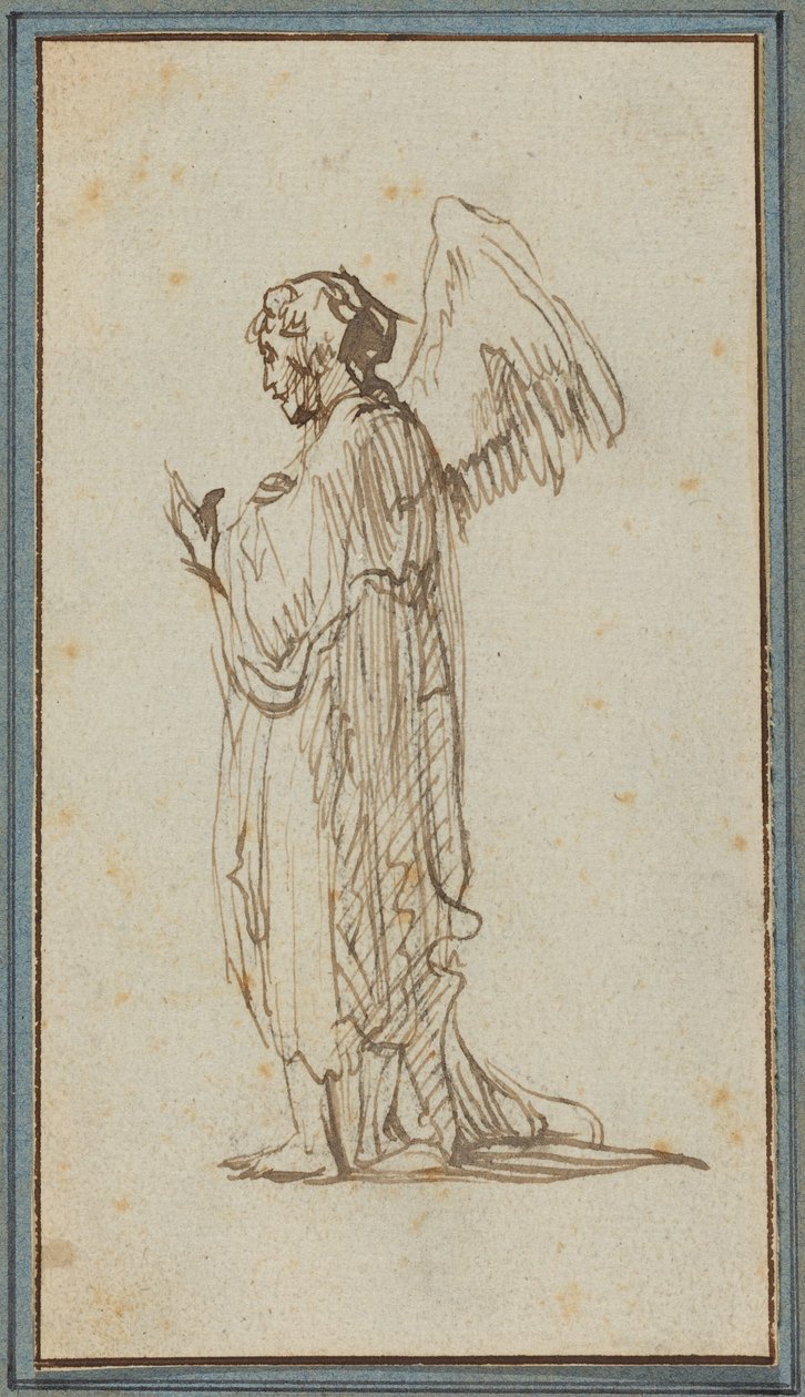 Angel Standing (serilmiş kağıt üzerine karakalem izleri üzerine kalem ve kahverengi mürekkep) by Rembrandt van Rijn