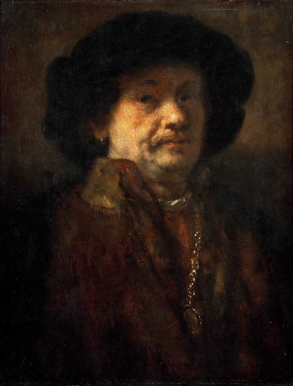 Altın zincirli ve küpeli kürk mantolu Otoportre, Rembrandt van Rhijn (1606-1669). ahşap üzerine yağ by Rembrandt van Rijn