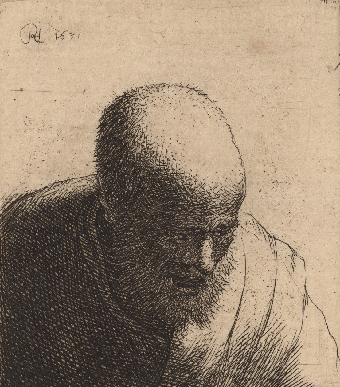 Ağzı Açık Kel Adam, Aşağı Bakıyor, c. 1630. by Rembrandt van Rijn