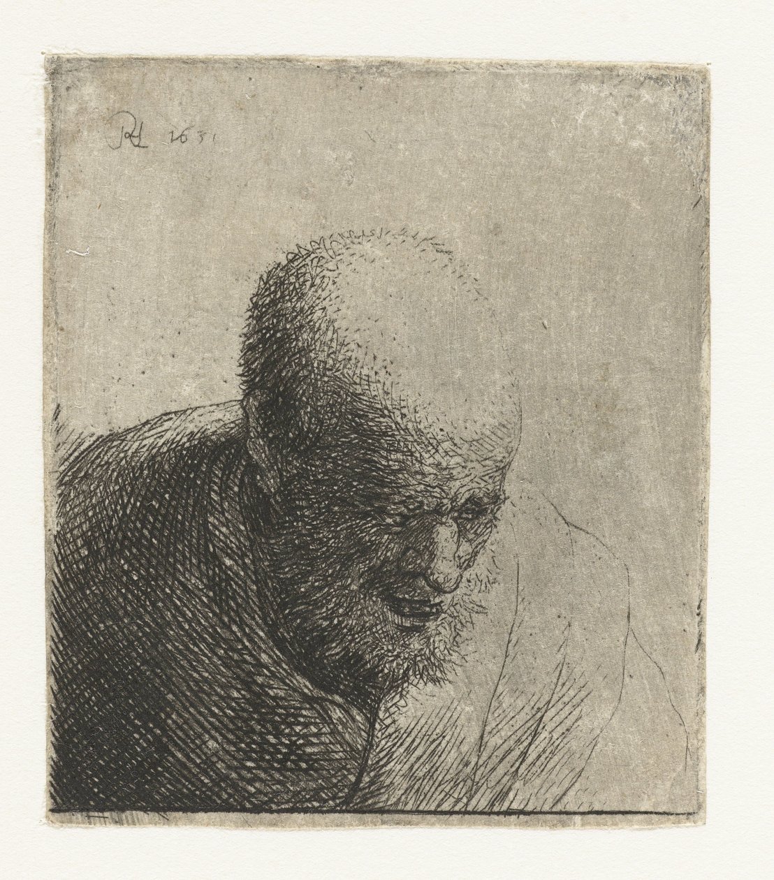 Kel adam ağzı açık, aşağı bakıyor: büstü by Rembrandt van Rijn