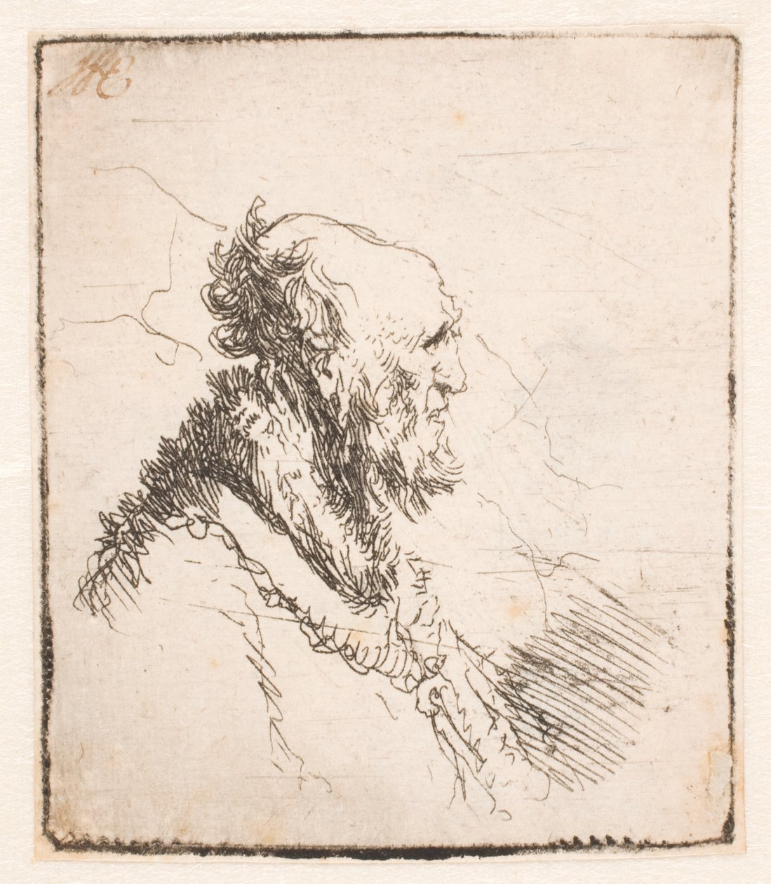 Sağ profilde kısa sakallı kel yaşlı adam by Rembrandt van Rijn