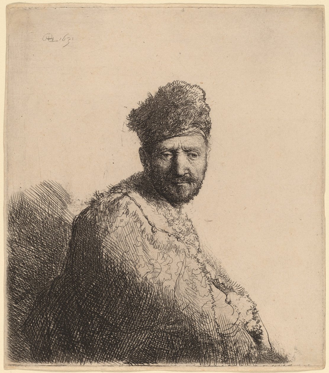 Kürklü Doğu Şapkalı ve Cüppeli Sakallı Adam: Sanatçının Babası by Rembrandt van Rijn