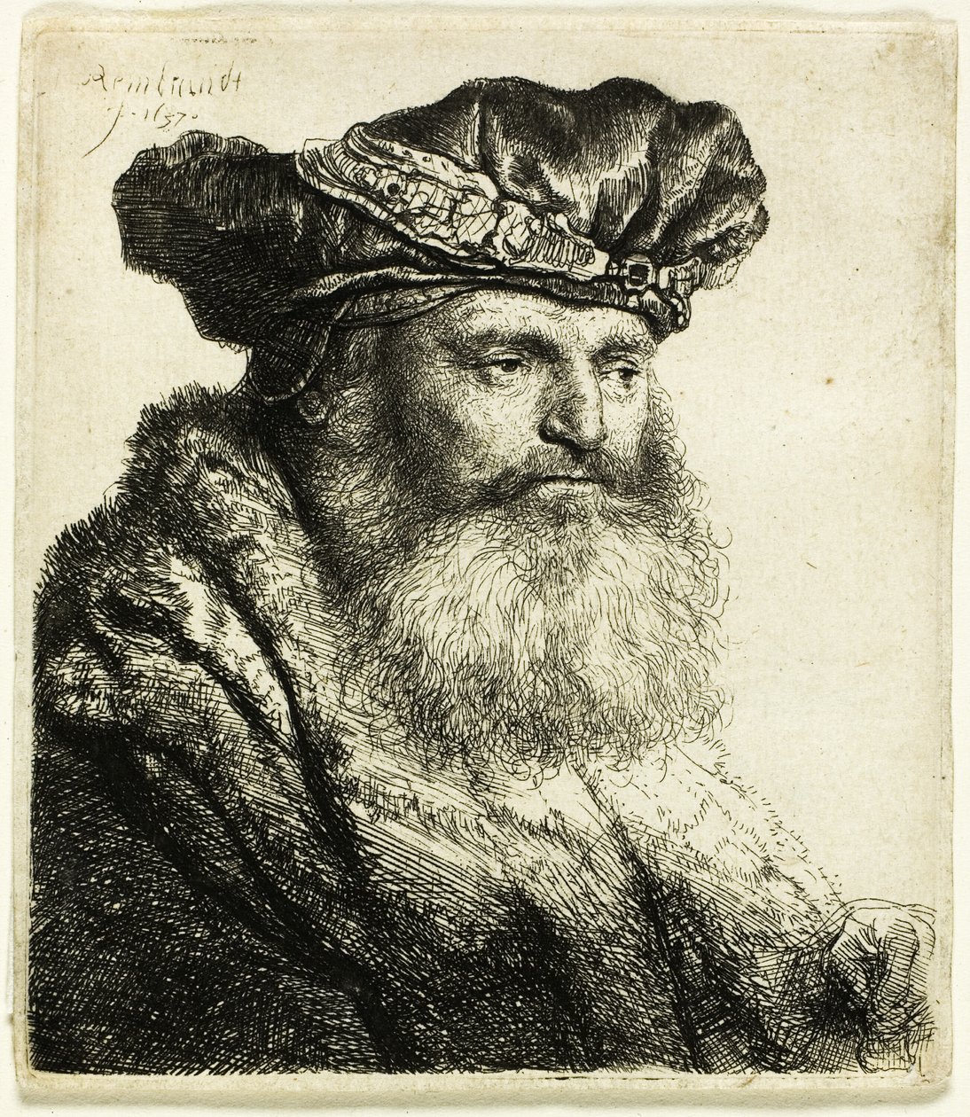 Mücevher Tokalı Kadife Şapkalı Sakallı Adam by Rembrandt van Rijn