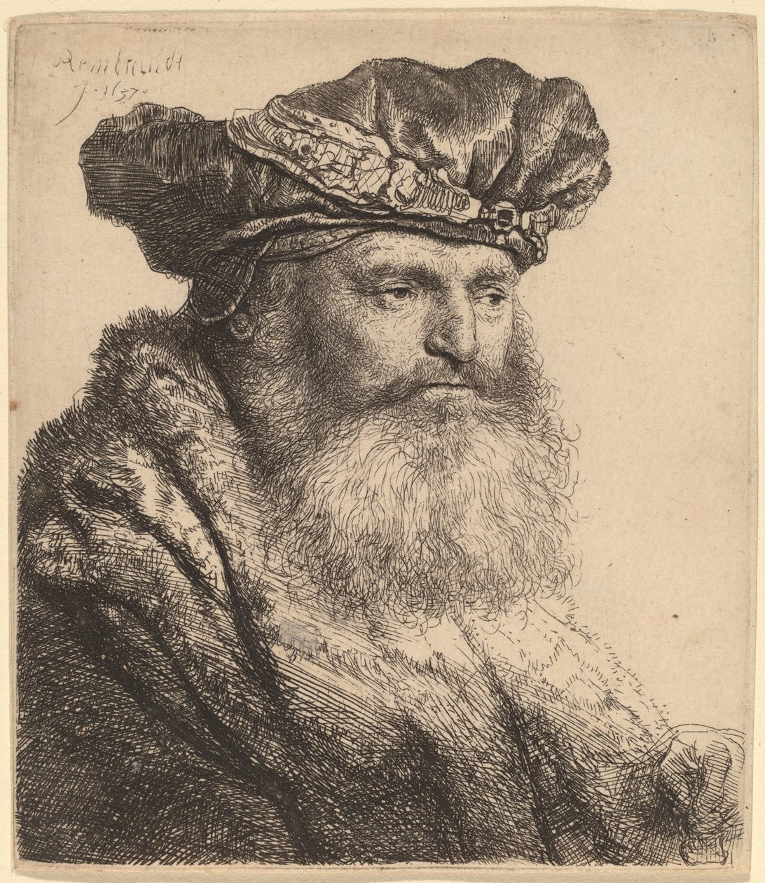 Mücevher Tokalı Kadife Şapkalı Sakallı Adam by Rembrandt van Rijn