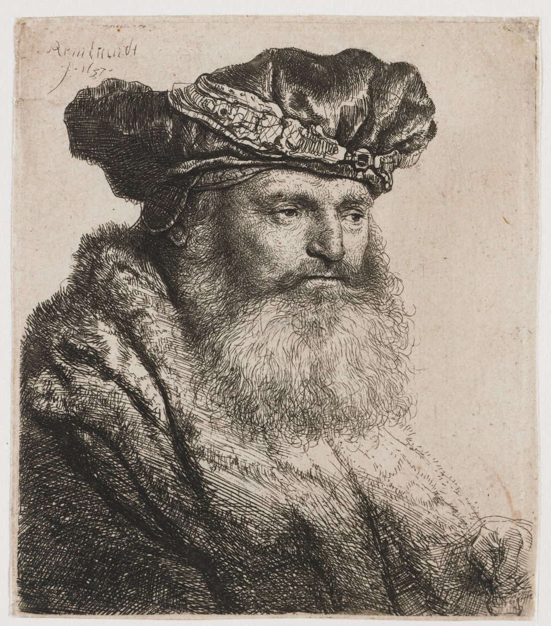 Mücevher tokalı kadife şapkalı sakallı adam by Rembrandt van Rijn