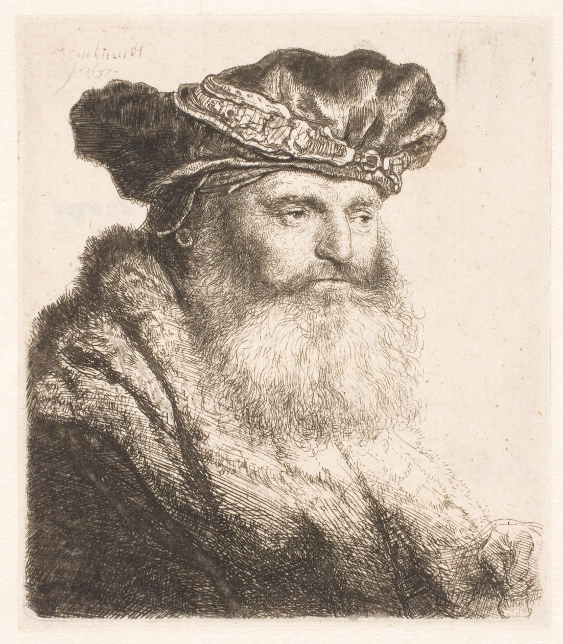 Mücevher tokalı kadife bir şapka takan sakallı adam by Rembrandt van Rijn