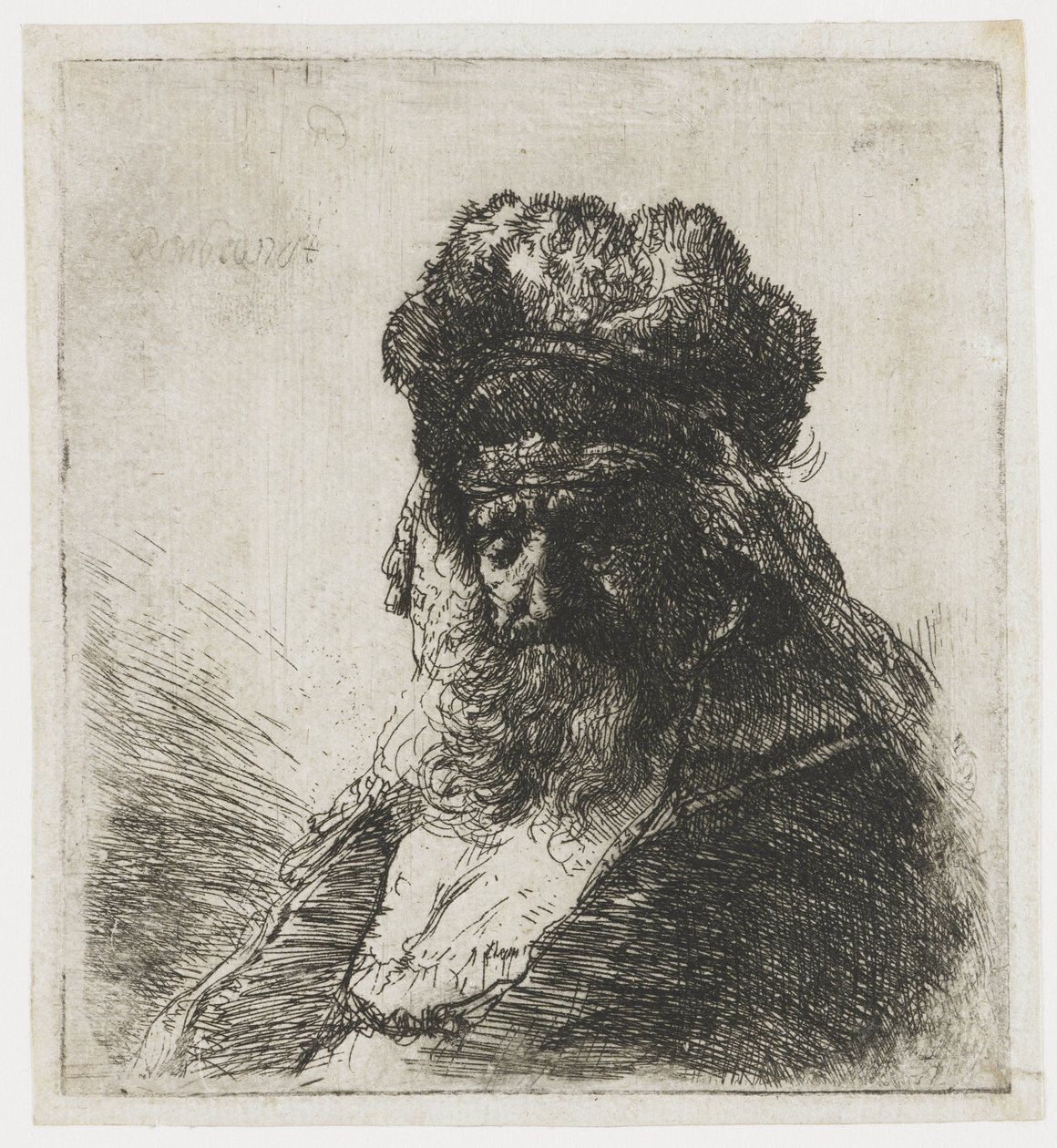 Gözleri kapalı, yüksek kürk şapkalı sakallı yaşlı adam by Rembrandt van Rijn