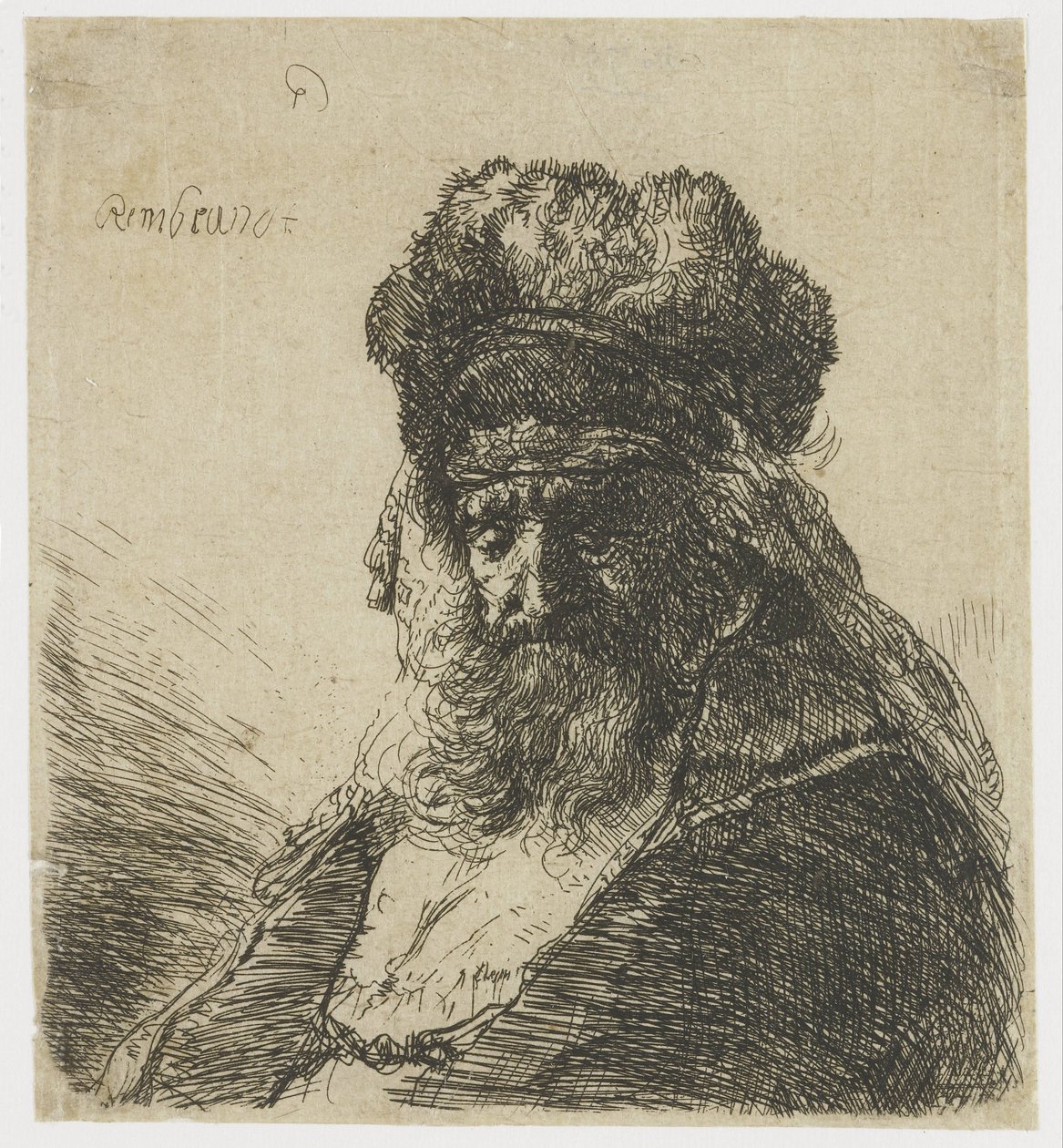 Gözleri kapalı, yüksek kürk şapkalı sakallı yaşlı adam by Rembrandt van Rijn