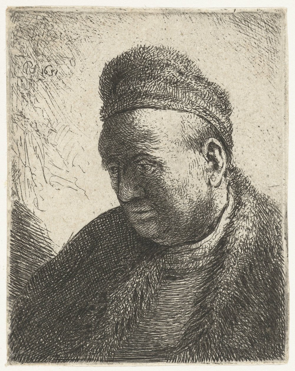 Kürk pelerinli ve şapkalı sakalsız adam: büstü by Rembrandt van Rijn