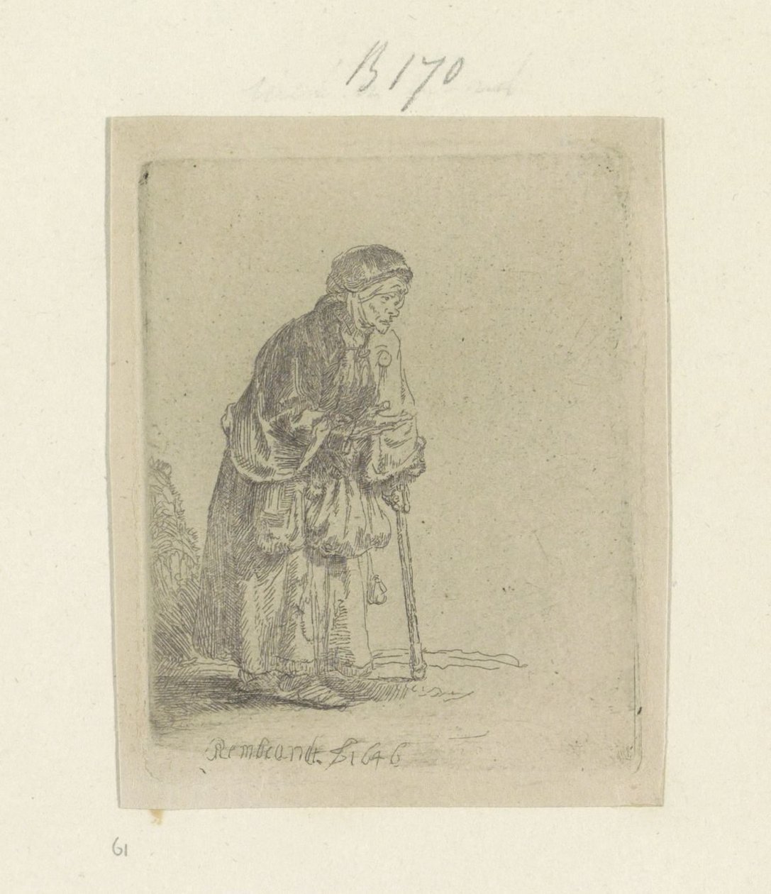 Sağda bir çubuğa yaslanmış dilenci kadın Recueil de quatre-vingt-cinq orijinalleri estampes (seri başlığı) by Rembrandt van Rijn
