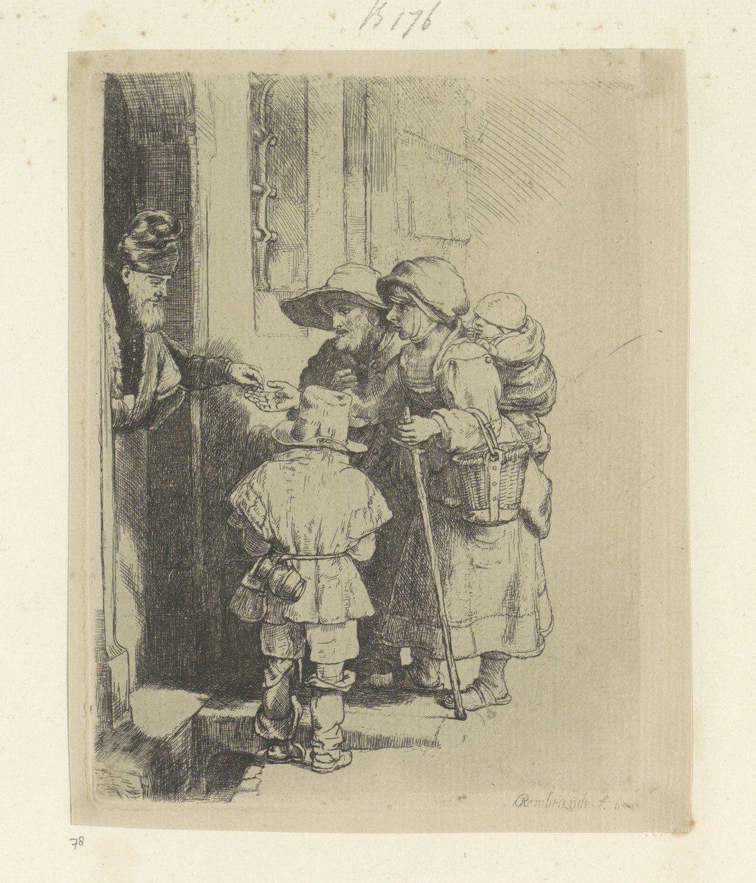 Dilenen aile bir evin kapısında sadaka alır Recueil de quatre-vingt-cinq orijinalleri estampes (seri başlığı) by Rembrandt van Rijn