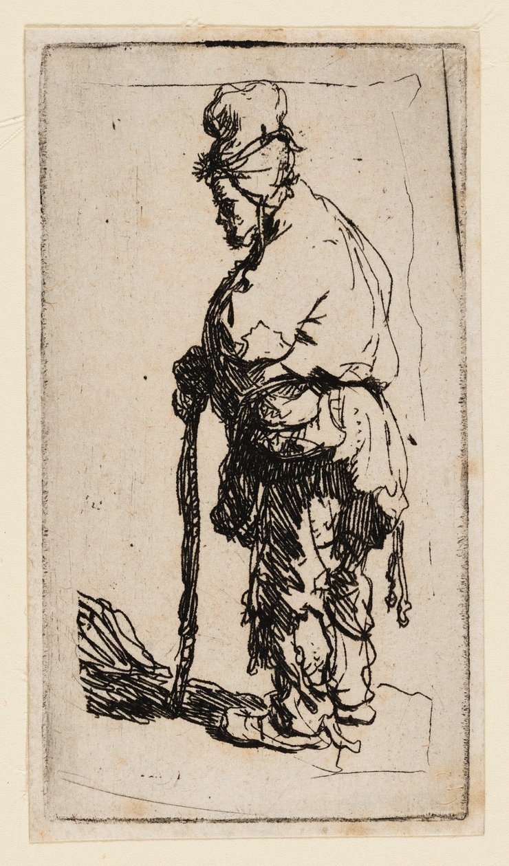 Bir Çubuğa Yaslanmış Dilenci, Yüzü Sola Döndü by Rembrandt van Rijn