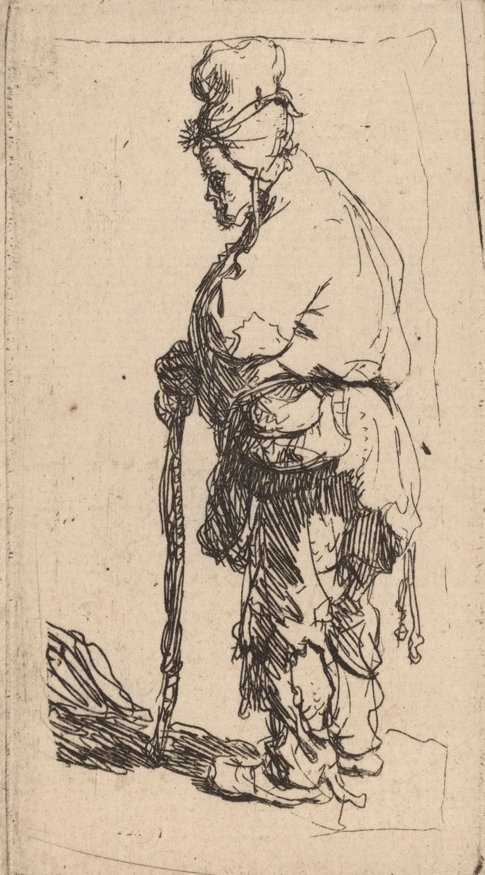 Sola Bakmış Bir Çubuğa Yaslanmış Dilenci, c. 1630. by Rembrandt van Rijn