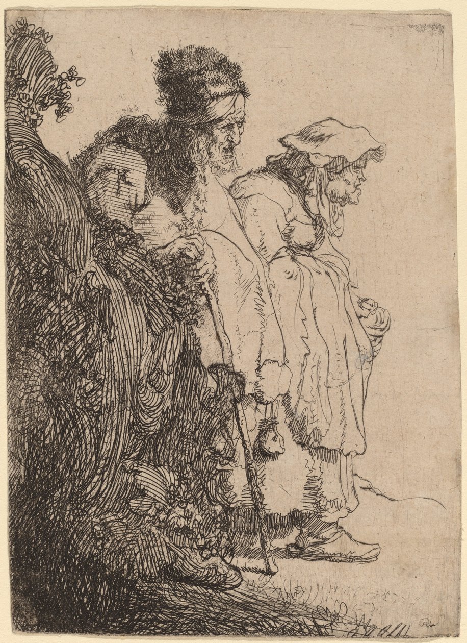 Dilenci Erkek ve Kadın Bir Bankanın Arkasında by Rembrandt van Rijn