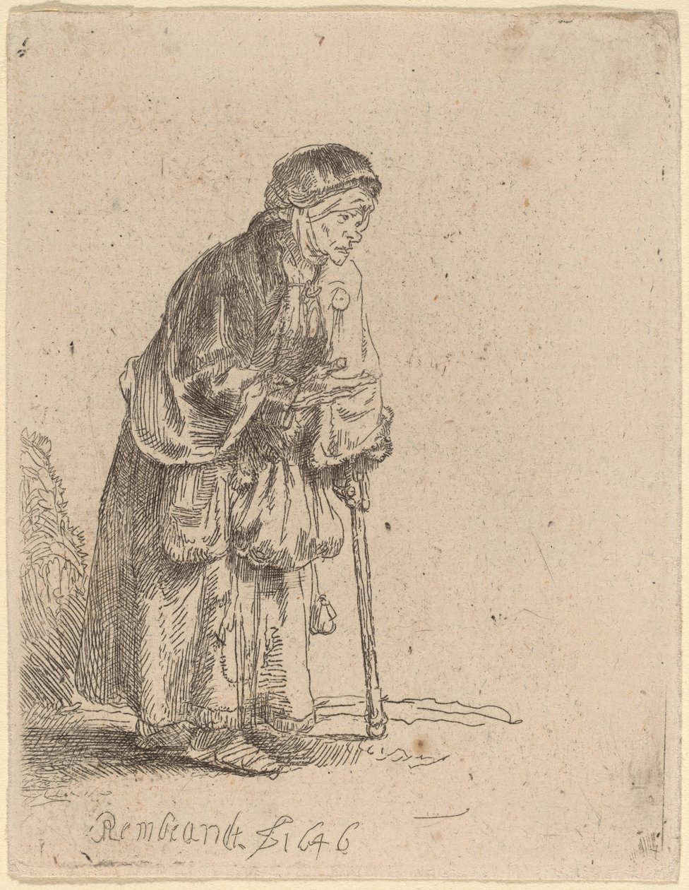 Bir sopaya yaslanmış dilenci kadın by Rembrandt van Rijn
