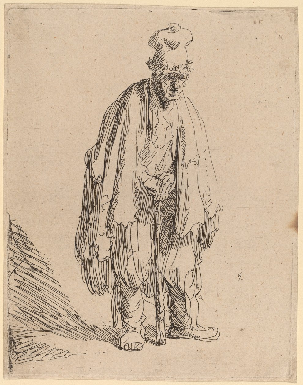 Yüksek Şapkalı Dilenci, Ayakta ve Bir Çubuğa Yaslanmış by Rembrandt van Rijn
