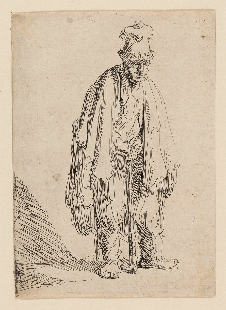 Yüksek Şapkalı Dilenci, Ayakta ve Bir Çubuğa Yaslanmış by Rembrandt van Rijn