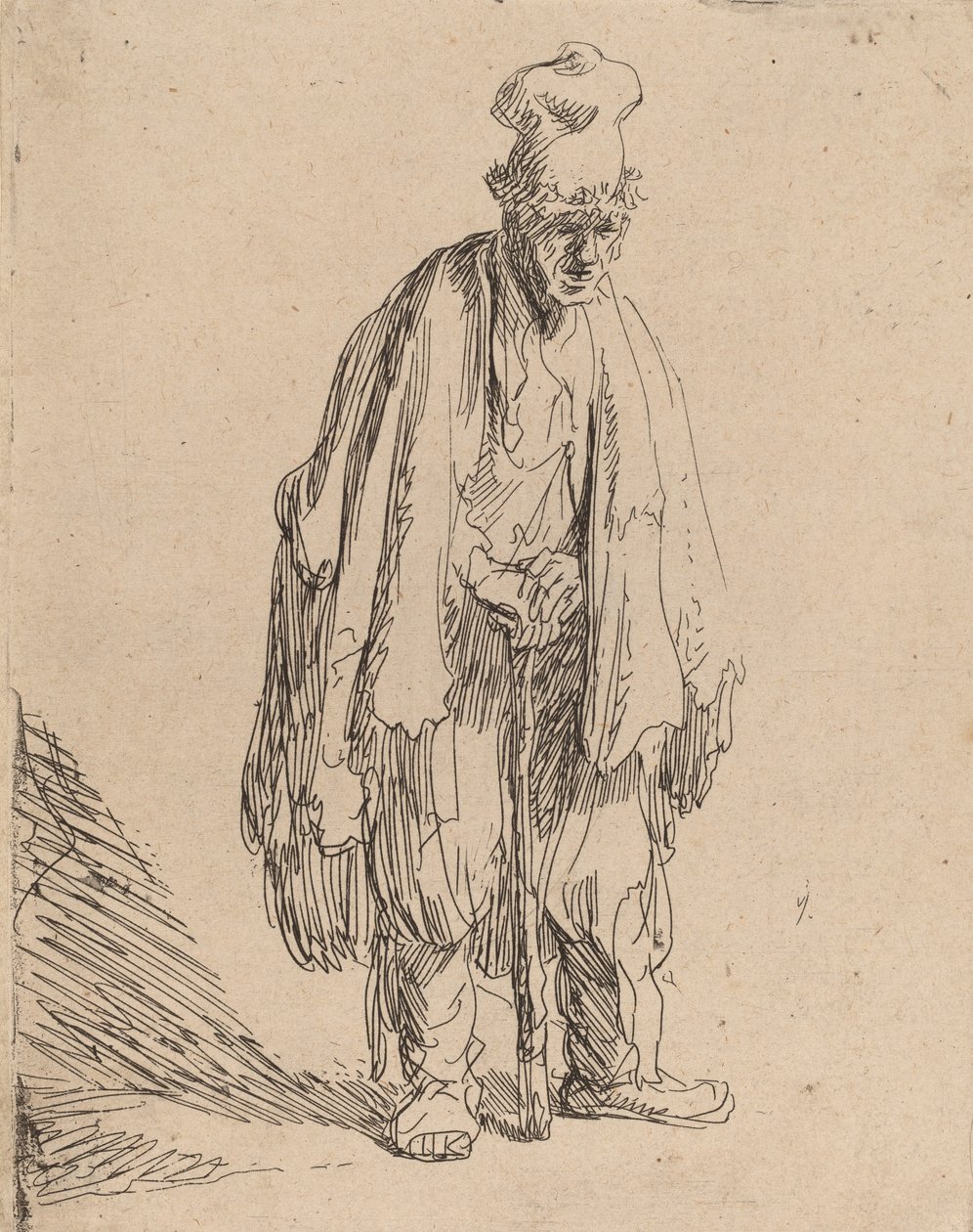 Yüksek Şapkalı Dilenci, Ayakta ve Sopa Yaslanmış, c. 1630. by Rembrandt van Rijn