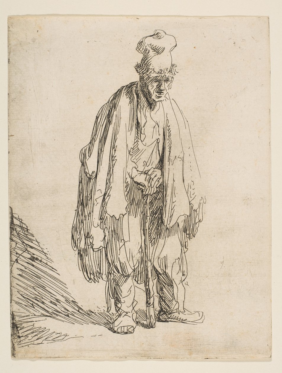 Yüksek Şapkalı Dilenci, Ayakta ve Bir Çubuğa Yaslanmış, ca. 1629. by Rembrandt van Rijn