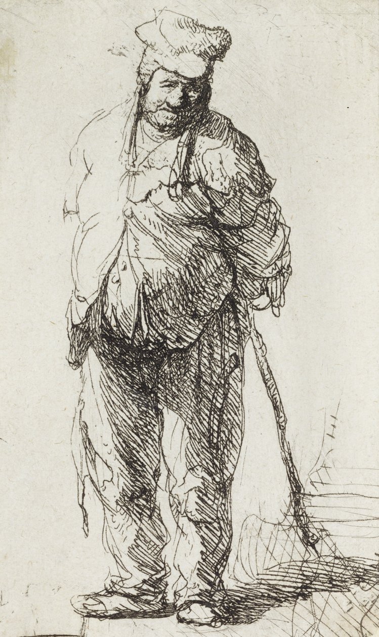 Bir Çubuğa yaslanmış dilenci (kağıt üzerinde kalem ve mürekkep) by Rembrandt van Rijn