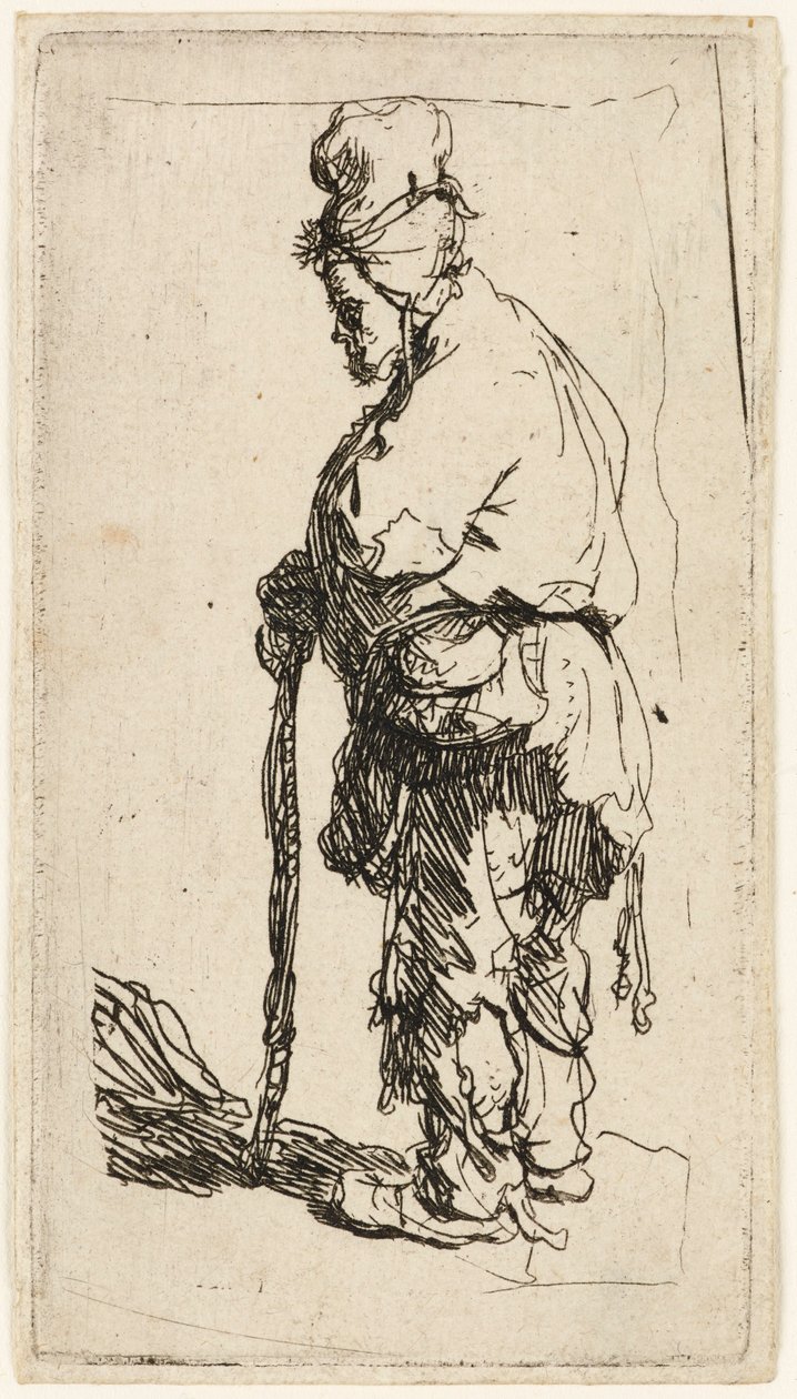 Bir çubuğa yaslanmış dilenci, c.1630. by Rembrandt van Rijn