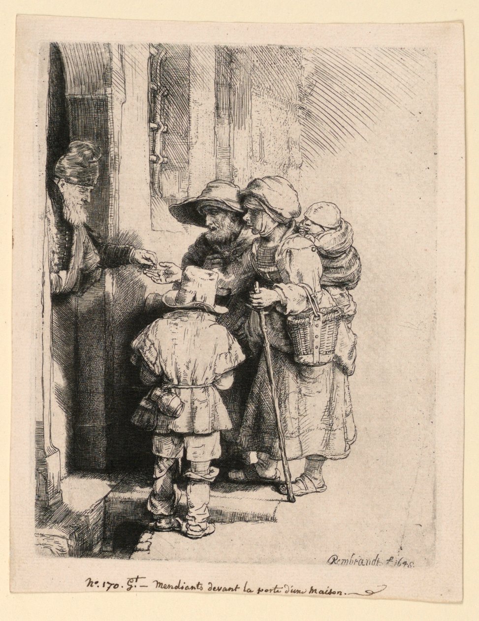 Bir evin kapısında sadaka alan dilenciler by Rembrandt van Rijn