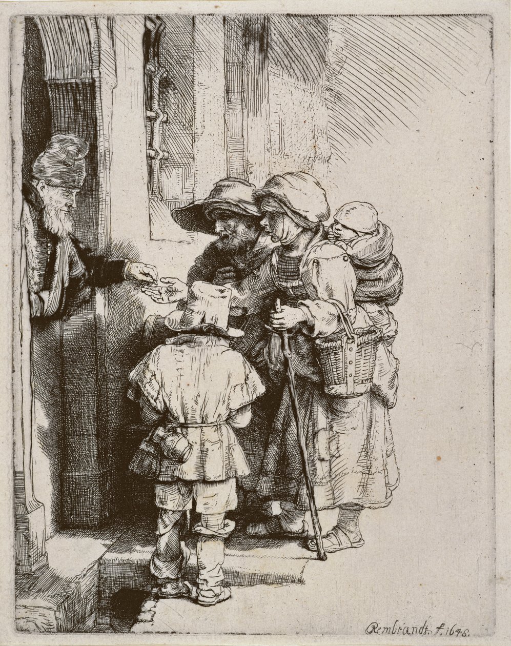 Bir evin kapısında sadaka alan dilenciler, 1648 (kuru nokta gravürü) by Rembrandt van Rijn