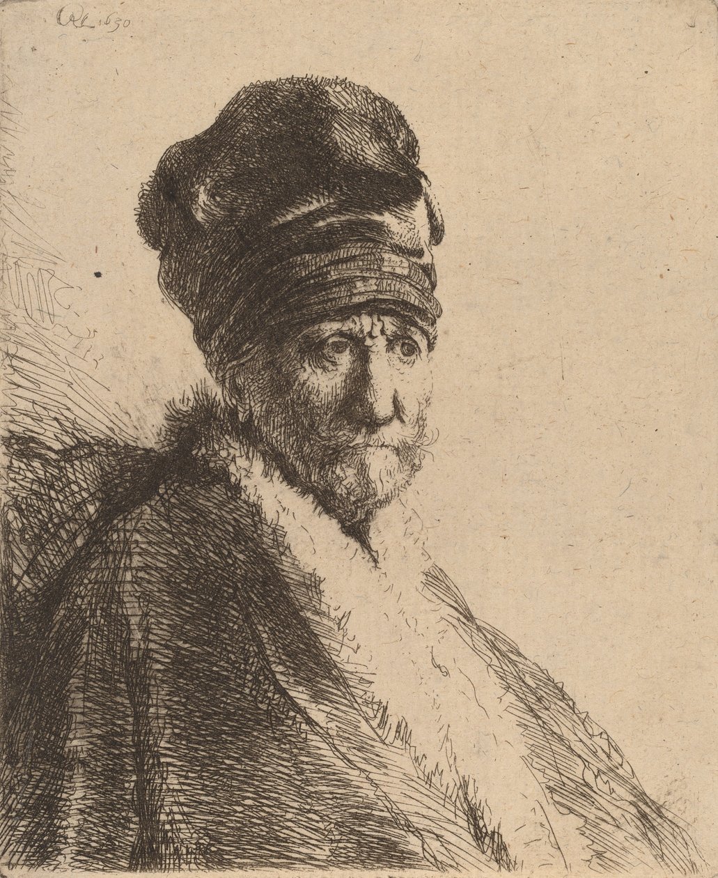 Yüksek Şapkalı Bir Adamın Büstü, Dörtte Üçü Sağ Sanatçının Babası, 1630. by Rembrandt van Rijn