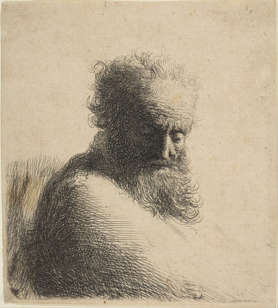 Aşağı Bakan Yaşlı Sakallı Bir Adamın Büstü, Dörtte Üç Sağ, 1631. by Rembrandt van Rijn