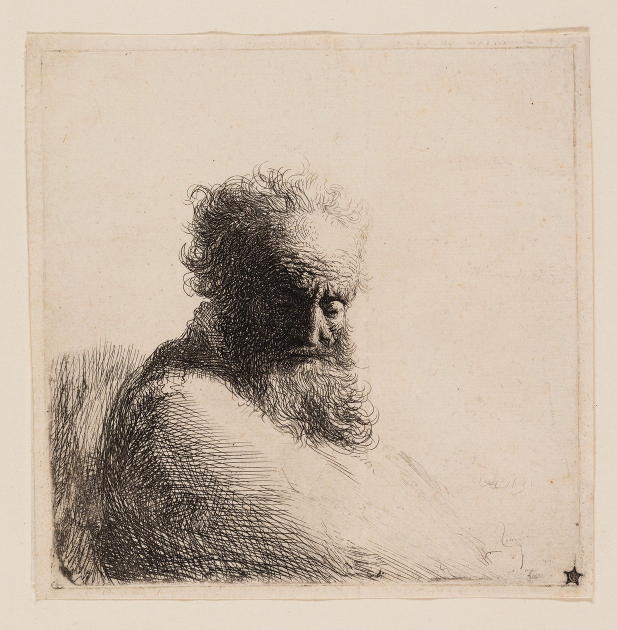 Yaşlı Sakallı Bir Adamın Büstü, Aşağıya Bakıyor, Dörtte Üçü Sağ by Rembrandt van Rijn