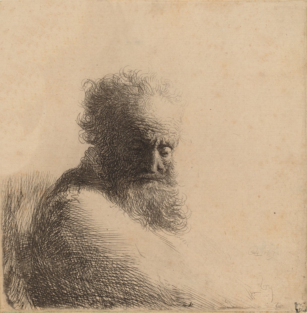 Yaşlı Sakallı Bir Adamın Büstü, Aşağıya Bakıyor, Üç Çeyrek Sağ, 1631. by Rembrandt van Rijn