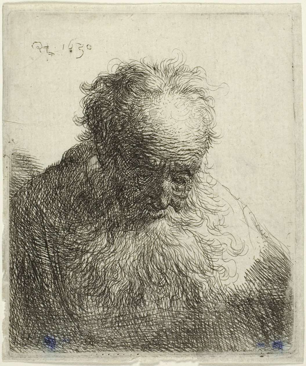 Akan Sakallı Yaşlı Adam Büstü: Başı Öne Eğilmiş: Sol Omuz Gölgesiz by Rembrandt van Rijn