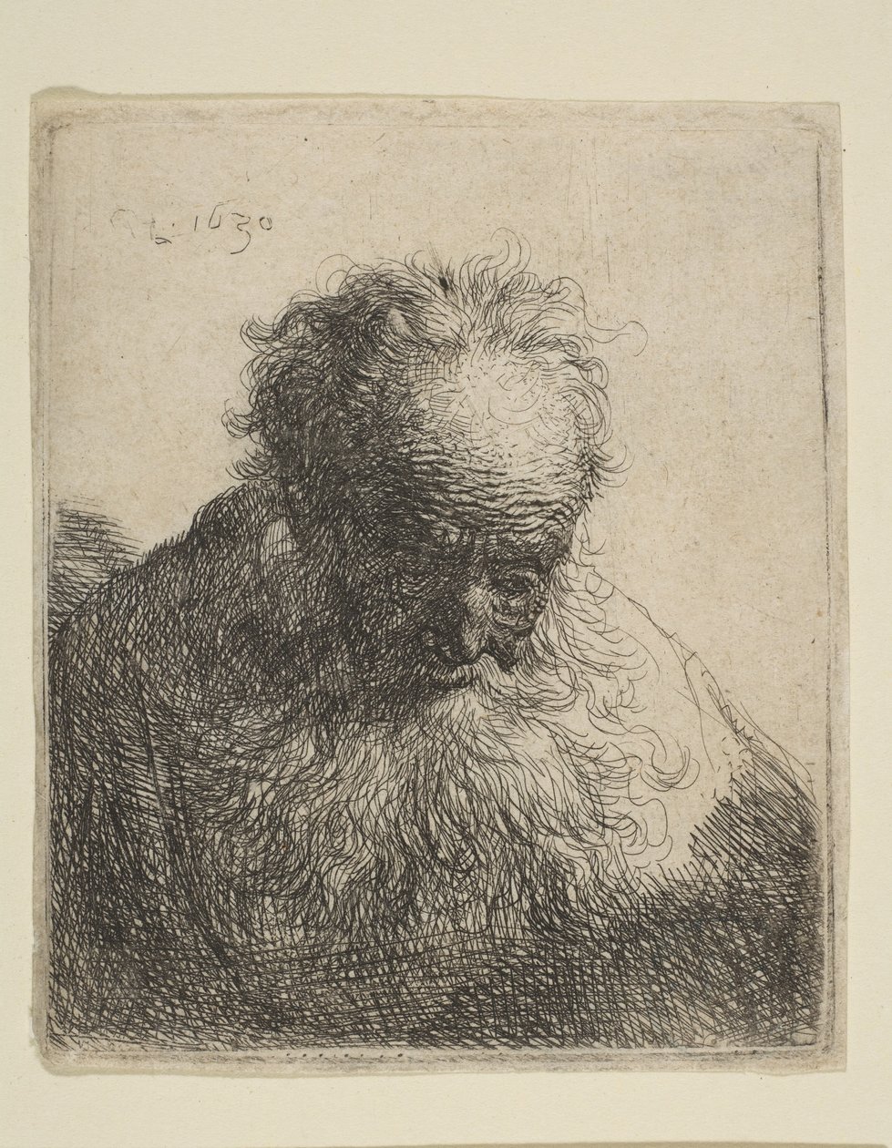 Akan Sakallı Yaşlı Bir Adamın Büstü: Öne Eğilmiş Baş: Gölgesiz Sol Omuz, 1630. by Rembrandt van Rijn
