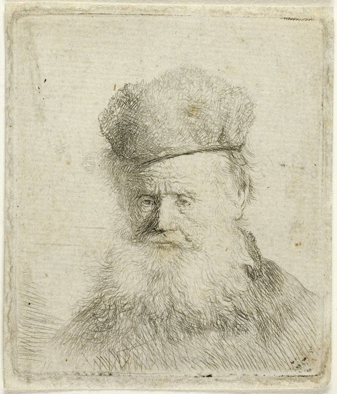 Kürklü Şapkalı, Akan Sakallı, Neredeyse Tam Yüzlü Yaşlı Bir Adamın Büstü by Rembrandt van Rijn