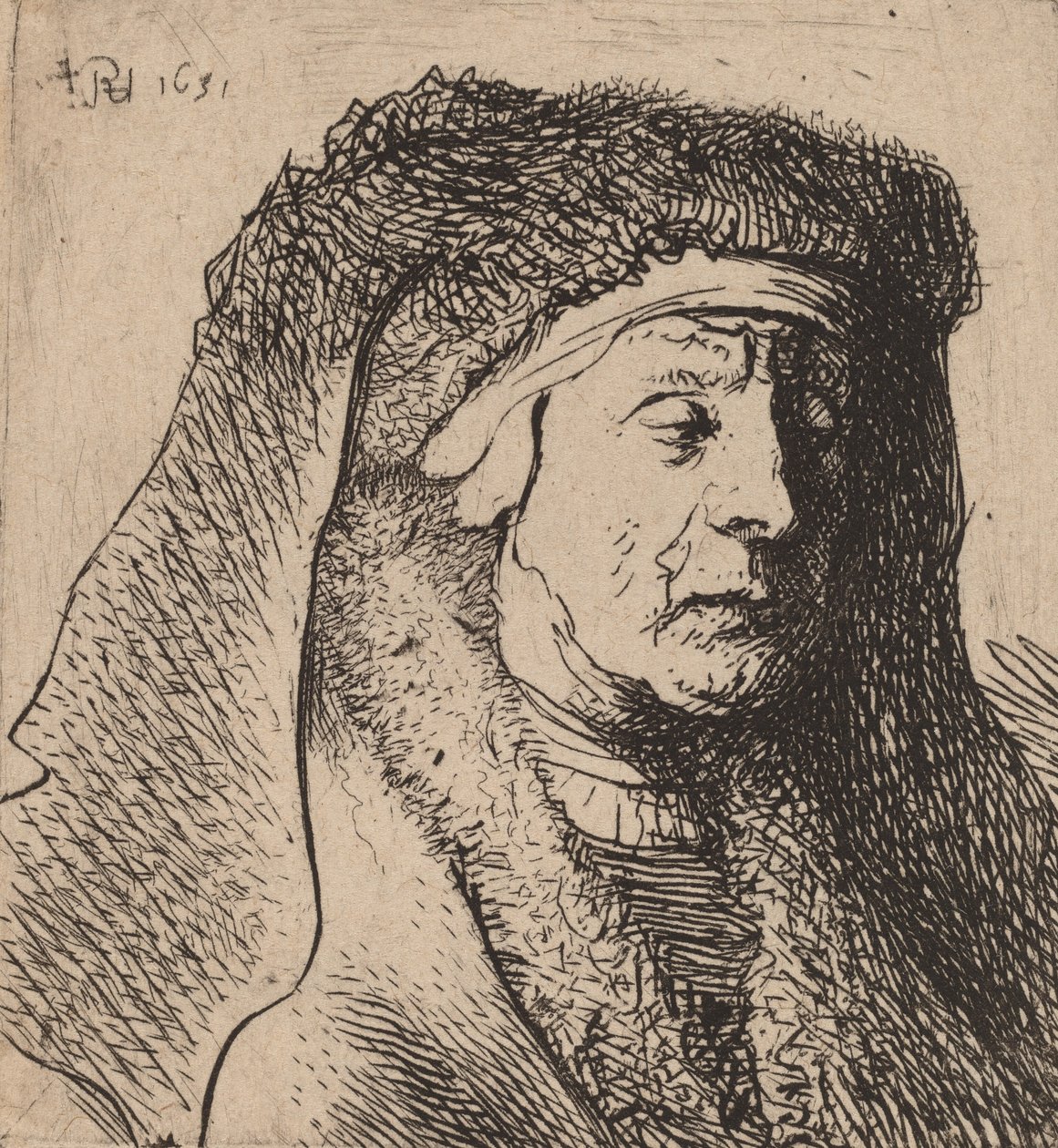 Kürklü Pelerinli ve Ağır Başlıklı Yaşlı Kadın Büstü, 1631. by Rembrandt van Rijn